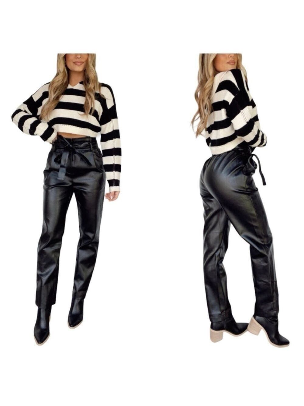 Le Lis Faux Vegan Leather Paper Bag High Rise Straight Leg Ankle Length Trouser